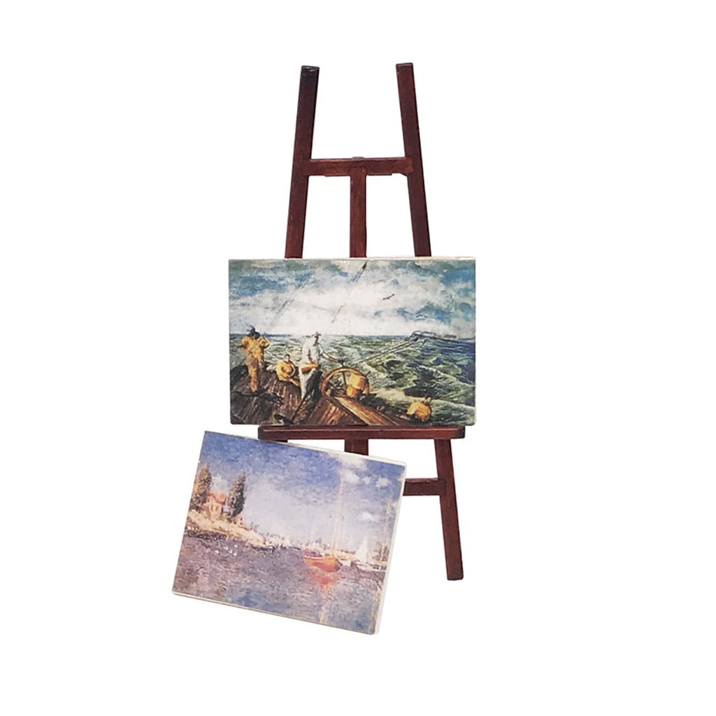 Dollhouse Miniature Artist Easel Stand & 2 wood Painting Pictures Accessory 1/12 