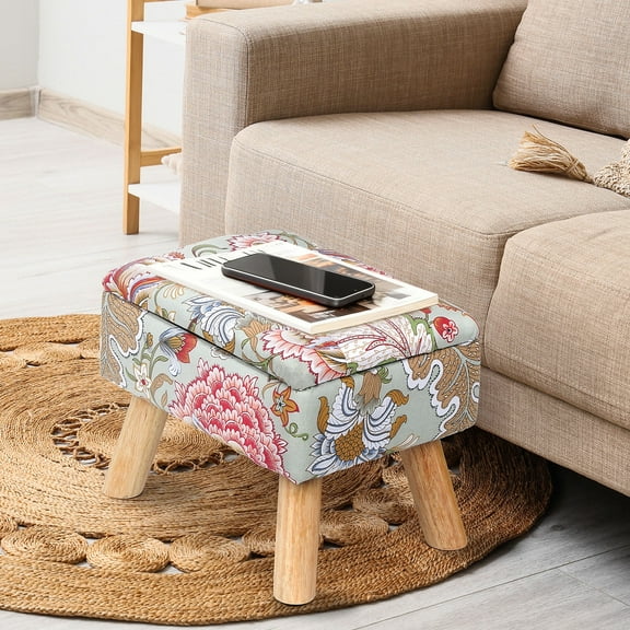 Boho Floral Square Ottoman Stool with Storage, Upholstered Footrest with Wood Legs, Vintage Peony Pattern Stool for Living Room, Bedroom, Entryway