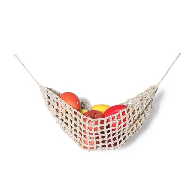 Hamaca de frutas de estilo nórdico macramé tejida a mano, soporte para banana, cuerda de algodón bohemio, cesta de red para cocina, organizador de almacenamiento para barcos de casa F Feliz Sencillez