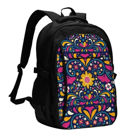 Balery Cinco De Mayo Floral Mochila con carga USB para hombre y mujer - Mochila impermeable y antirrobo para laptop con puerto USB para viajes, trabajo