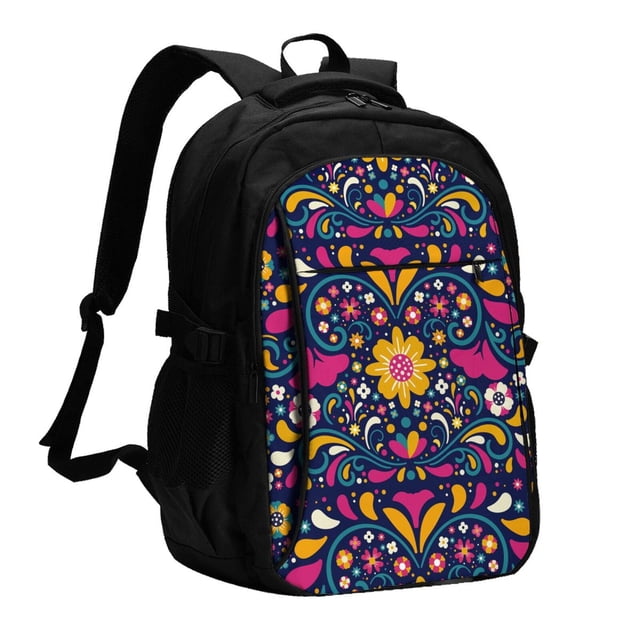 Balery Cinco De Mayo Floral Mochila con carga USB para hombre y mujer - Mochila impermeable y antirrobo para laptop con puerto USB para viajes, trabajo