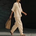 thumbnail image 5 of Miluxas Women's Summer Lightweight 2 Piece Outfits Loose Fit V Neck Short Sleeve Blouse and High Waist Wide Leg Pants Casual Set Khaki, 5 of 7