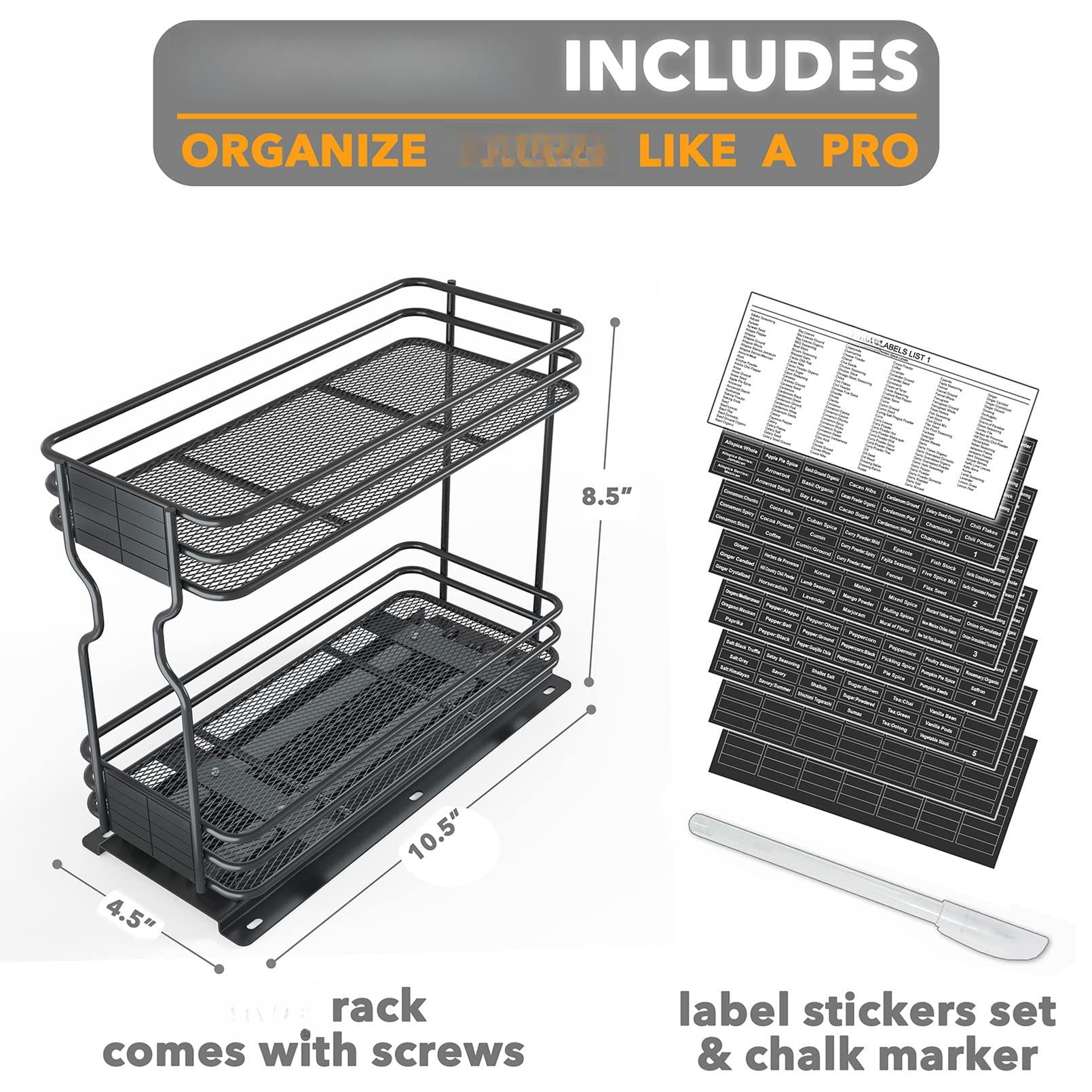 Pull Out Spice Rack Organizer For Cabinet  Heavy Duty Slide Seasoning Kitchen With Labels 4.5" W X10.75 D X8.5 H 1 Drawer 2-tier