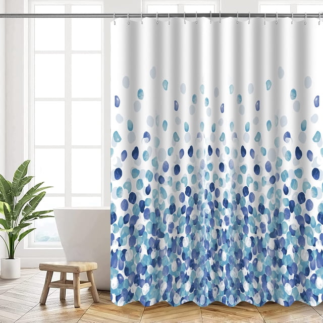 Cortinas de ducha de poliéster lavables con anillos de ducha y dobladillo con peso.