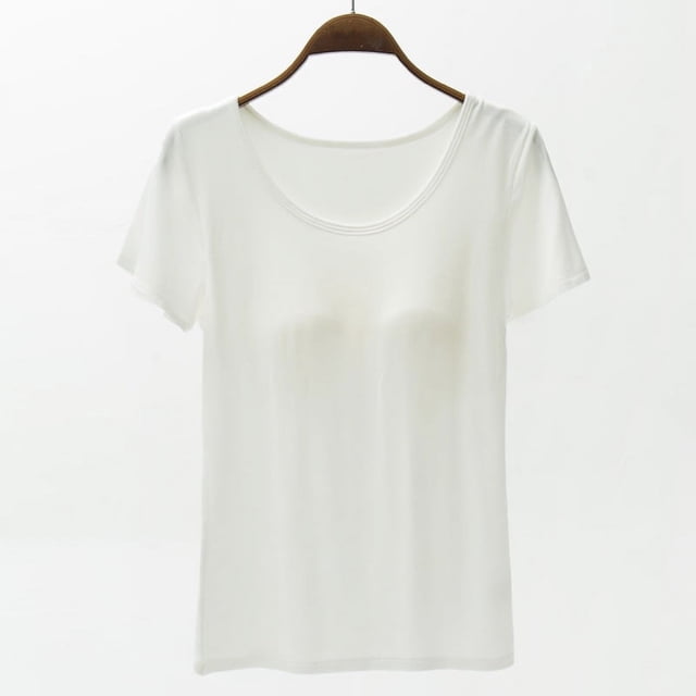 Camiseta de mujer de manga corta con almohadilla para el pecho de verano, sujetador de color liso, media manga, se puede usar como camisa de fondo