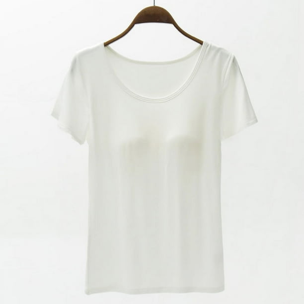 Camiseta de mujer de manga corta con almohadilla para el pecho de verano, sujetador de color liso, media manga, se puede usar como camisa de fondo