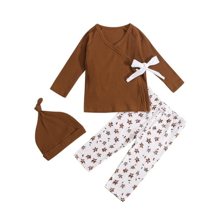 

Sunisery 3Pcs Newborn Baby Girls Clothes Long Sleeve Knitted T Shirt Tops Floral Pant Hats Outfits Autumn Sets Light Brown 6-12 Months