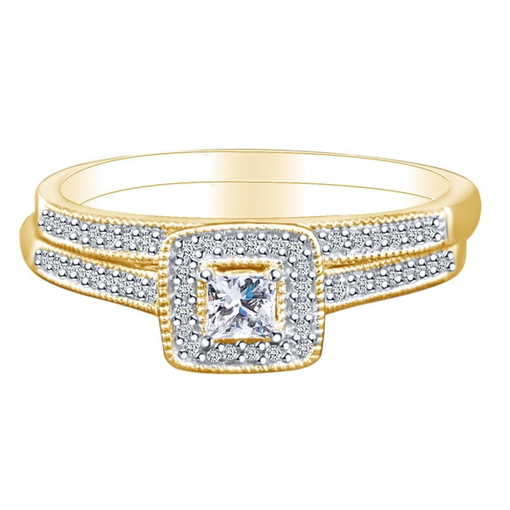 AFFY 0.28 Ct Princess & Round White Natural Diamond Halo Engagement Ring Wedding Bridal Set 10k Solid Yellow Gold