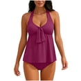 thumbnail image 3 of QIUOMBBP Women's Flowy Tankini Set Ruffle Backless Halter Tank Top with Bikini Bottom Modest Two Piece Bathing Suit for Beach Hot Pink M, 3 of 9