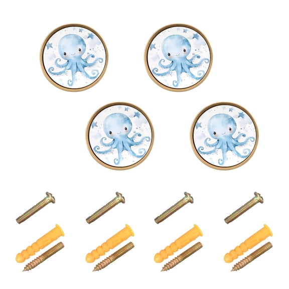 JIALIOU Kitchen Cabinet Knobs Round Zinc Drawer Pulls, Cute Blue Octopus and Star, 4 Pack