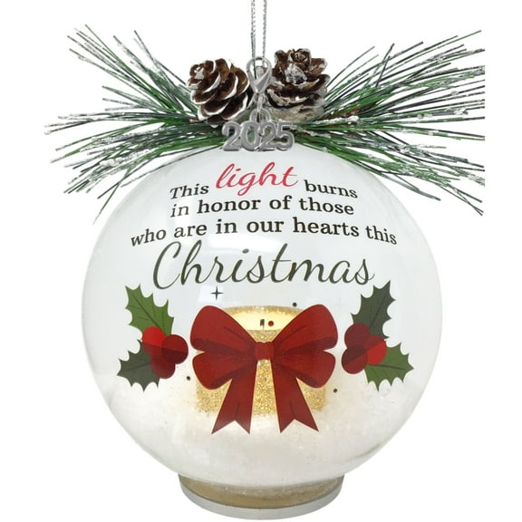 2025 Lighted Memorial Christmas Ornament -"This Light Burns in Honor of Those Who are in Our Hearts This Christmas" - LED Glass Globe Ball with Pinecone and Greenery - 4-hour timer included - 1937