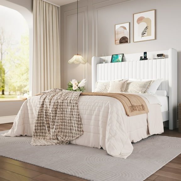 Amolife Queen Size Bed Frame with Advanced 4-in-1 Charging Hub (2 AC Outlets, 1 Type-C, 1 USB) & Storage Shelf, Upholstered Velvet Wingback Headboard, White