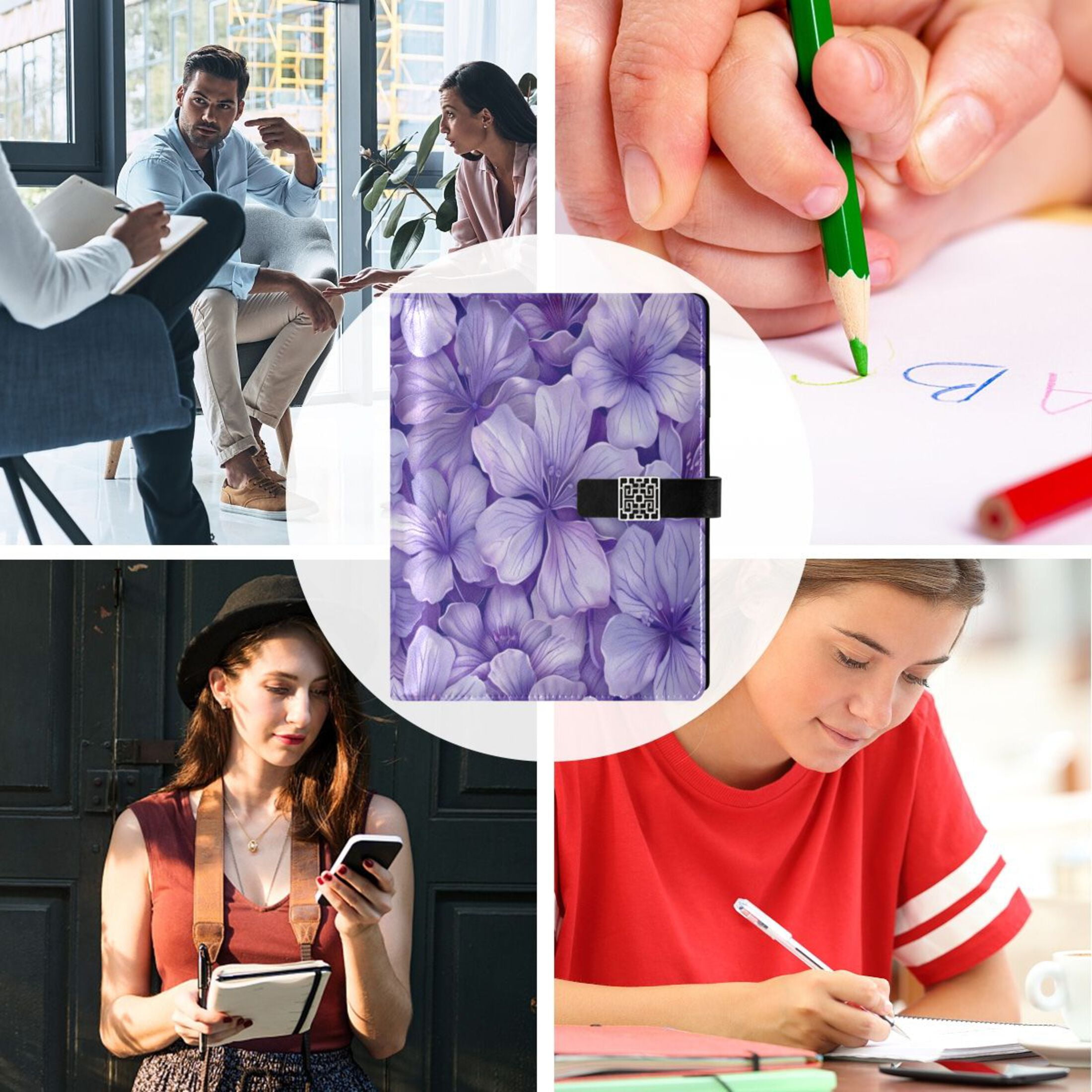 Leather Planner Leather Notebook Notebook Journal Binder Design Pen Pocket Design Convenient for Storage Light Purple Flowers