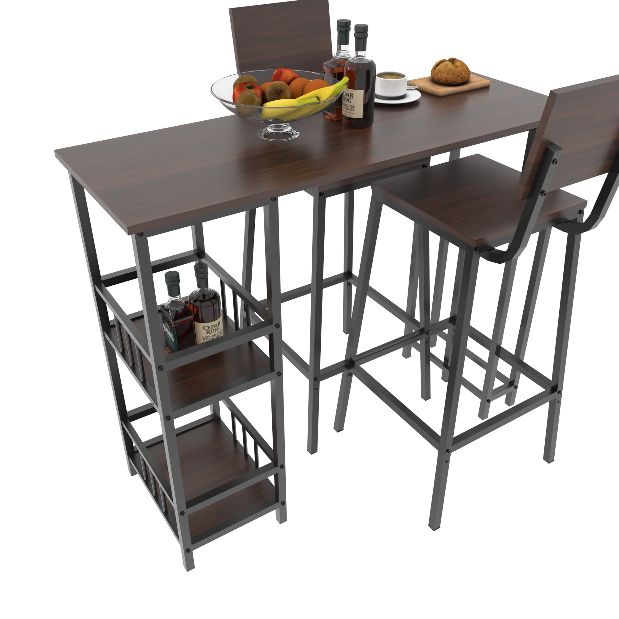 GARITIN 3 Piece Counter Height Bar Table Set with 2 Bar Stools, Rectangular Pub Table with 2 Tier Side Storage Shelves for Balcony, Walnut Brown