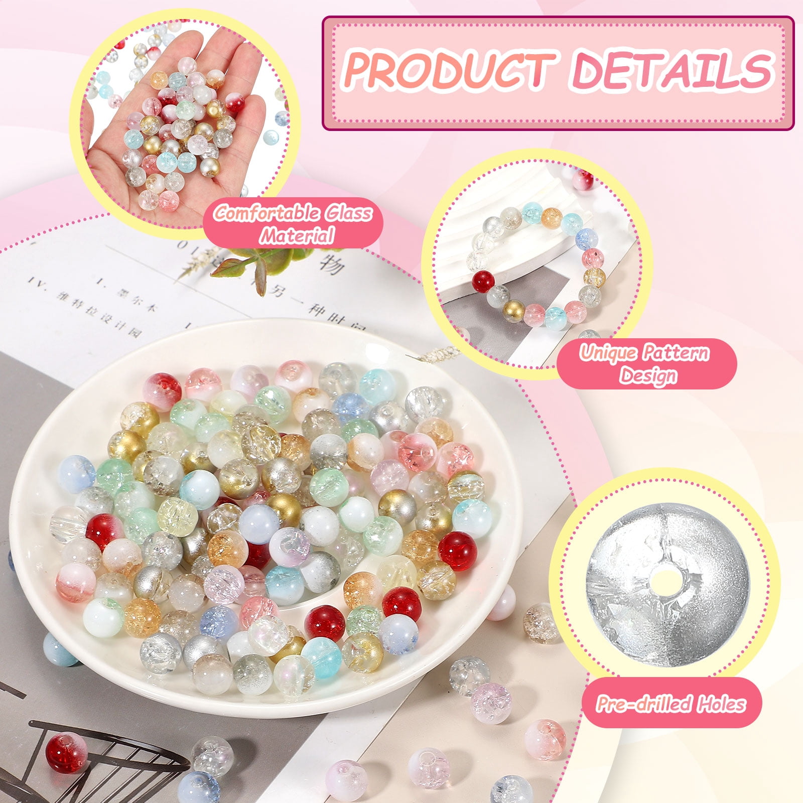 Uxcell 200 Pcs 10mm Crackle Glass Beads for Jewelry Making, Crystal Glass Round Spacer Beads Bulk Loose Beads for DIY Craft Earring Necklace Bracelet Jewelry, Silver