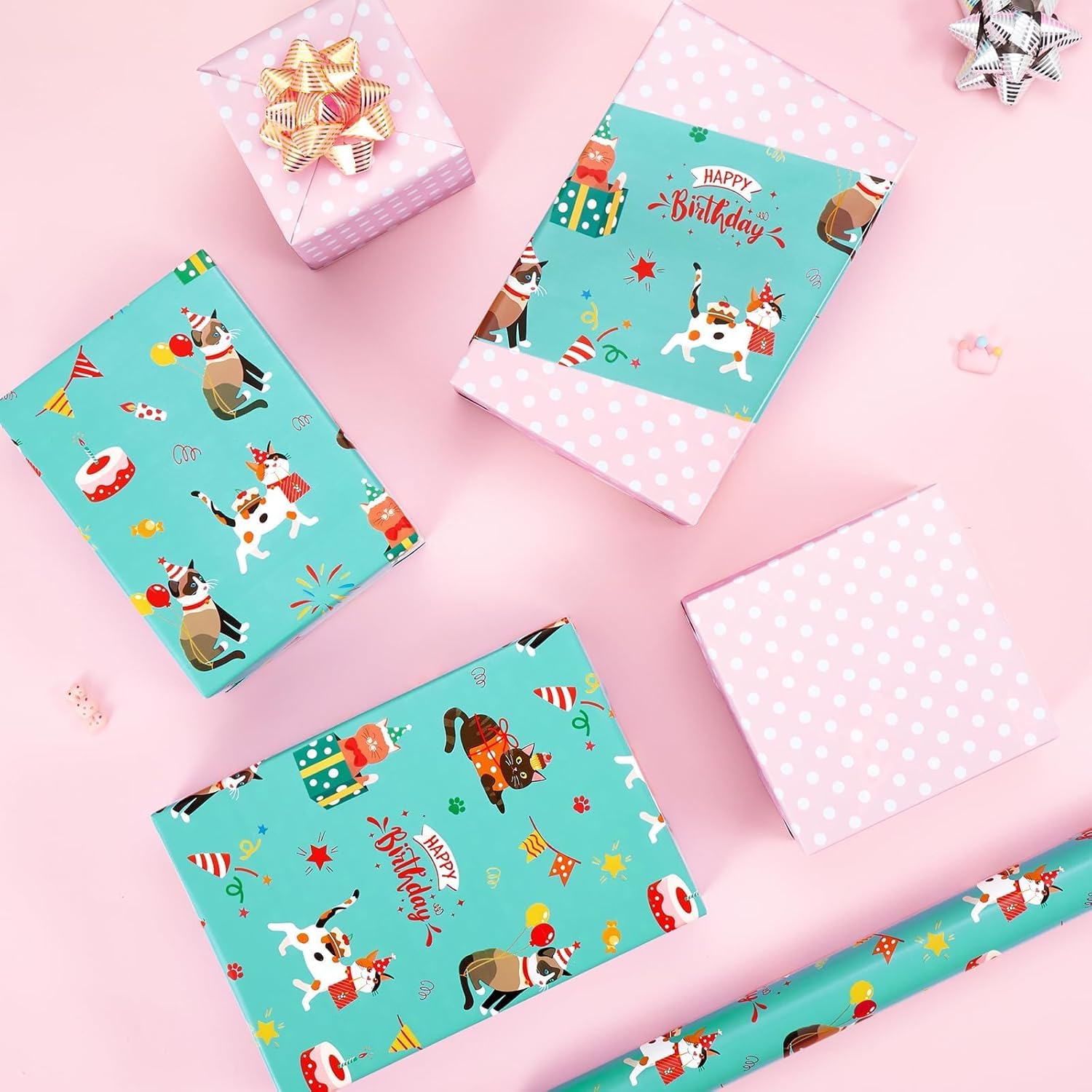Cat Birthday Wrapping Paper Roll - 1 Roll 17” X 33 ft Cat Gift Wrapping Paper Roll Girls Kids Birthday Green Pink Wrap Paper with Polka Dot Design for Gift Packing Supply