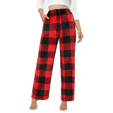 

Womens Flannel Pajama Pants Winter Plush Fluffy Pajama Pants with Pockets Plaid Sleepwear Bottoms