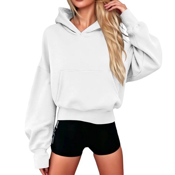 Women's Oversized Cropped Pullover Hoodie Soft Fleece Long Sleeve Sweatshirt with Front Pocket Casual Tops for Teen Girls White S