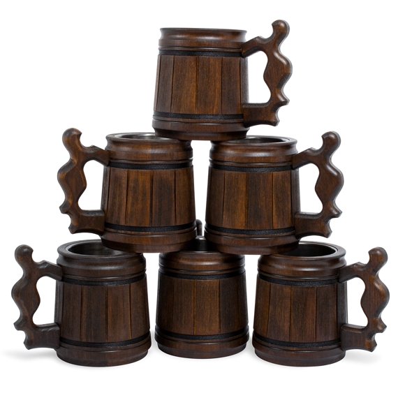 MyFancyCraft Chope en Bois Fait Main - Acier Inoxydable - Naturel - Tankard en Bois 0.3L 10oz Brun Classique (Ensemble de 6 Chopes)