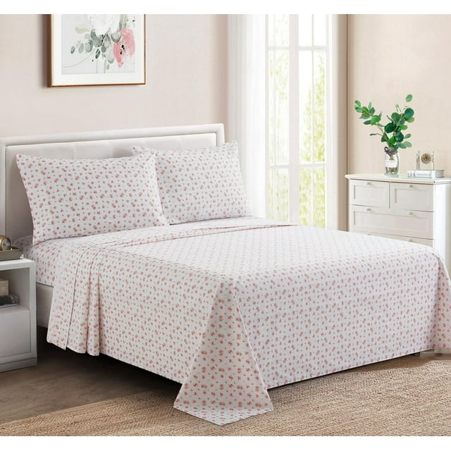 Marina Decoration Printed 600 Thread Count Soft Deep Pocket Hotel Standard Long Staple Cotton Blend Percale All Season Bedding Sheet Set, Pink Rose Floral Pattern