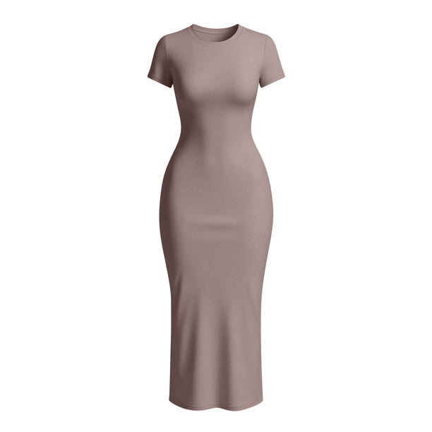 ribbed knit pencil dress Dvprdro Crewneck Short Sleeve Slim Fit Bodycon Midi for Women Dress Office Summer Navy blue prom dress