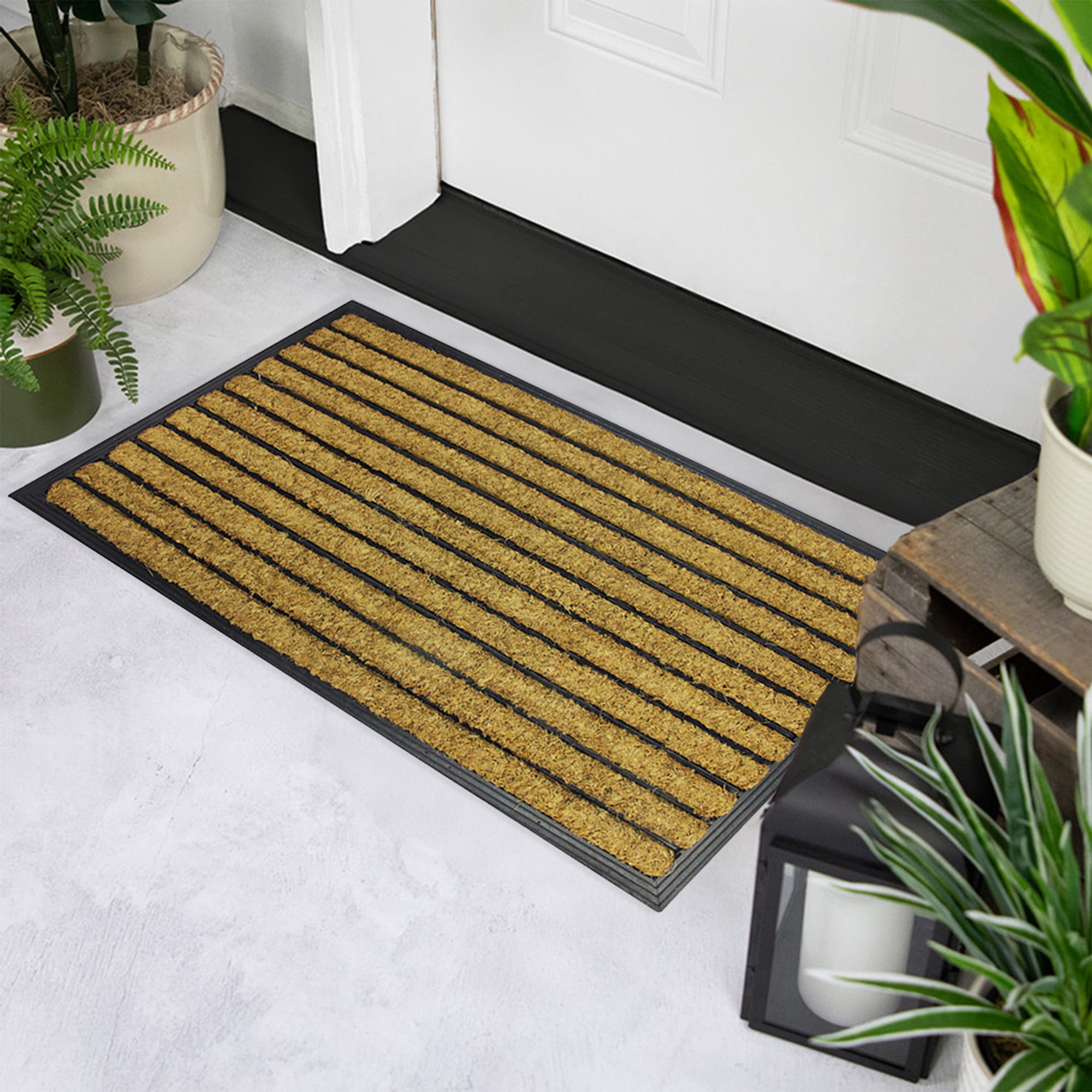 Decorative Black Rubber and Coir Striped Outdoor Rectangular Door Mat 29.5" x 17.75"