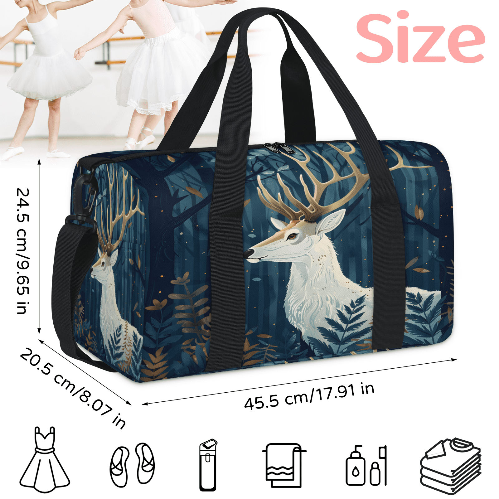 Herdesigns Forest Deer Gym Bag for Women, Duffle Bag for Travel Sport, Lightweight Waterproof Carry on Weekender Overnight Dance Yoga Workout Bags