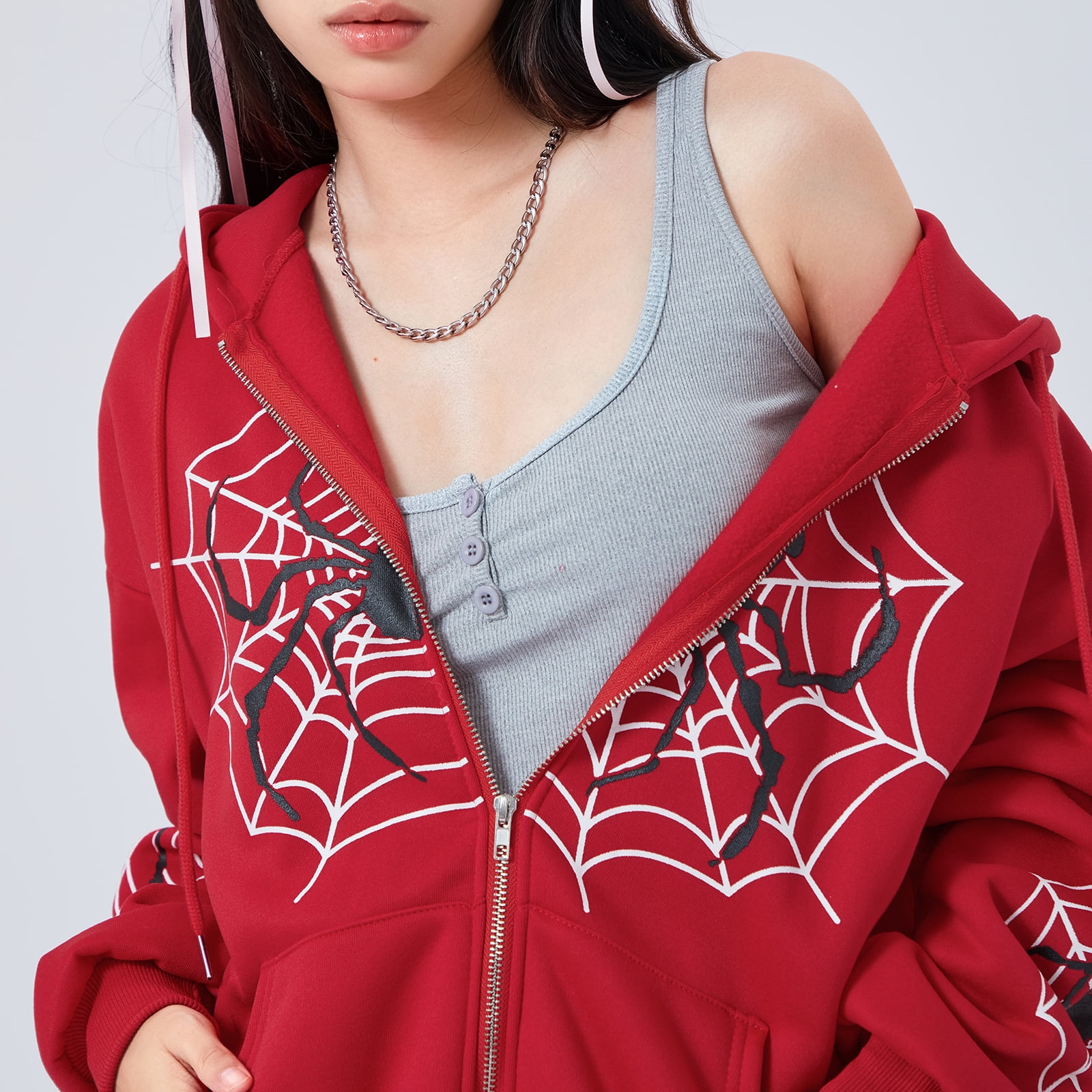 Women Y2K Spider Web Hoodies Vintage Graphic Long Sleeve Zip Women Y2K Spider Web Hoodies Vintage Graphic Long Sleeve Zip