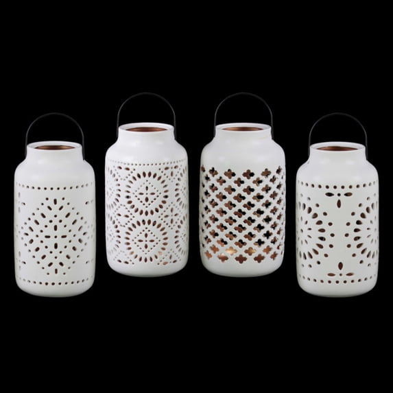 Urban Trends 4 Piece Ceramic Cylindrical Vase with Floral Lattice Gold Interior and Handle, White