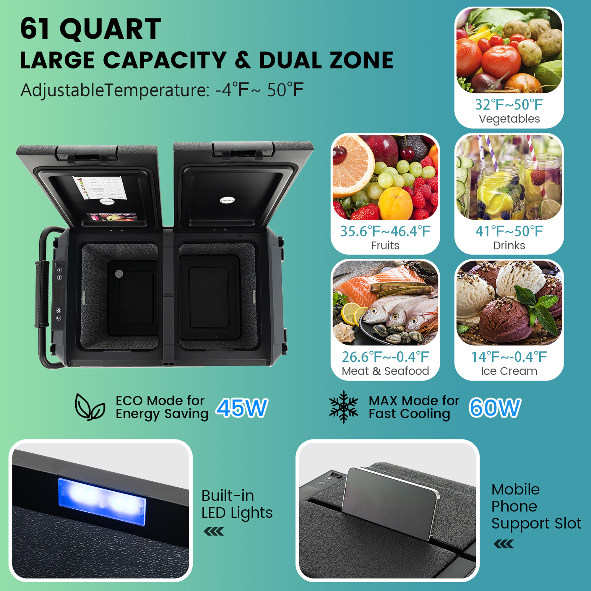 COSTWAY 68-Quart Car Refrigerator, Portable Chest Freezer(-11℉- 50℉) with  12V/24V DC & 110V/240V AC Adapter, Electric Compressor Fridge Cooler for