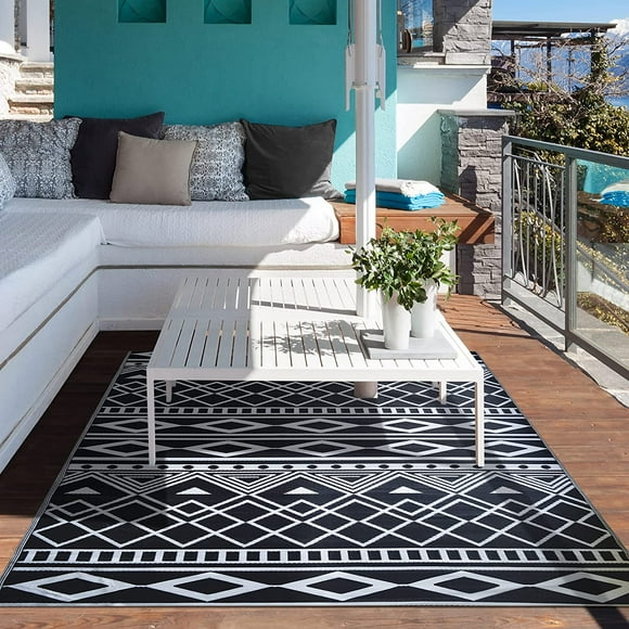 Outdoor Rug Collection - Tribal Aztek Black and White 6'X9' Reversible Plastic Picnic and Beach Area Rug, Perfect for Patio, Camping, Sunroom, and Any Outdoor Space