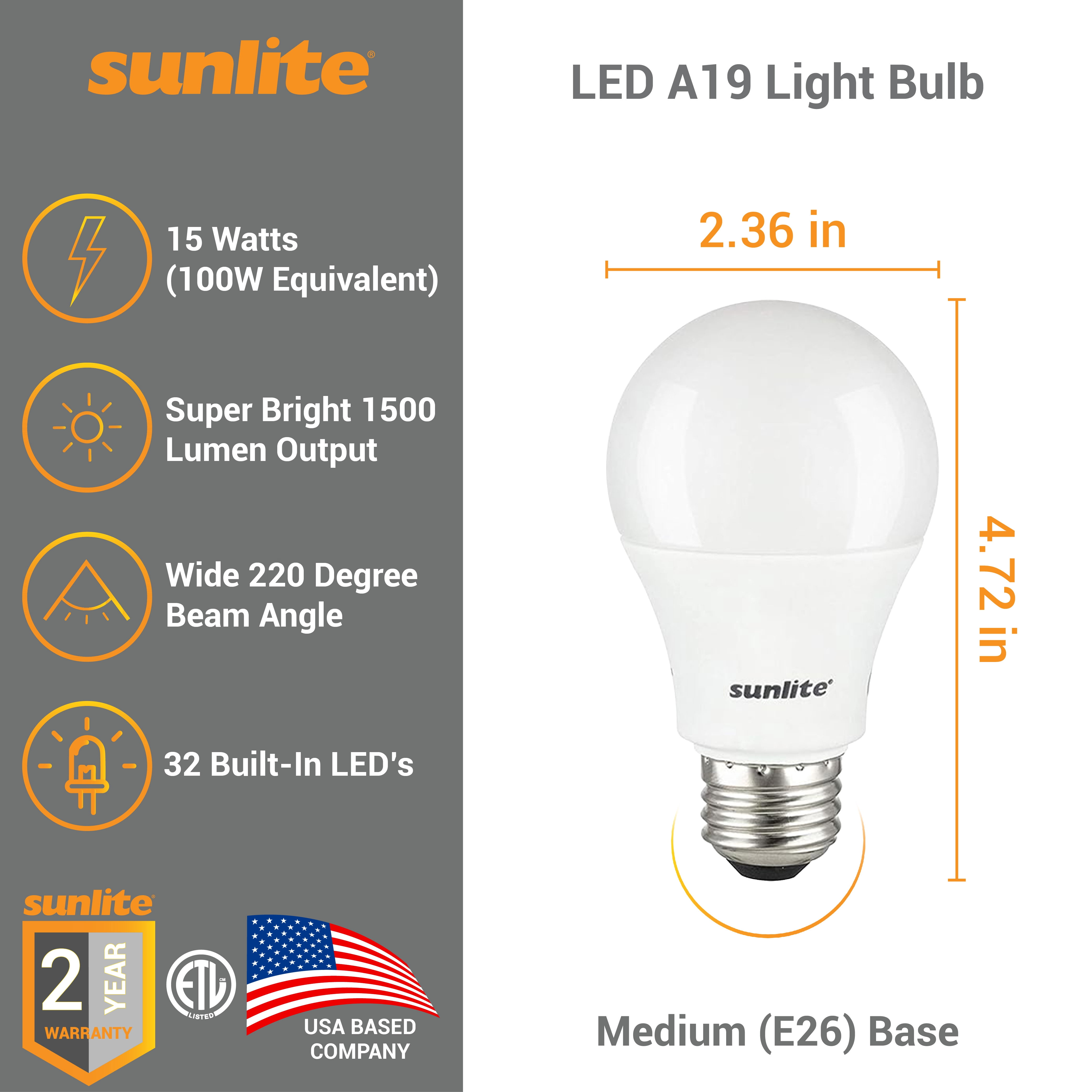 Sunlite LED A19 Light Bulbs, 15 Watts (100W Equivalent), 120V, 1500 Lumens, Standard E26 Base, Non-Dimmable, 220 Degree Beam Angle, ETL Listed, 4000K Cool White, 6 Pack