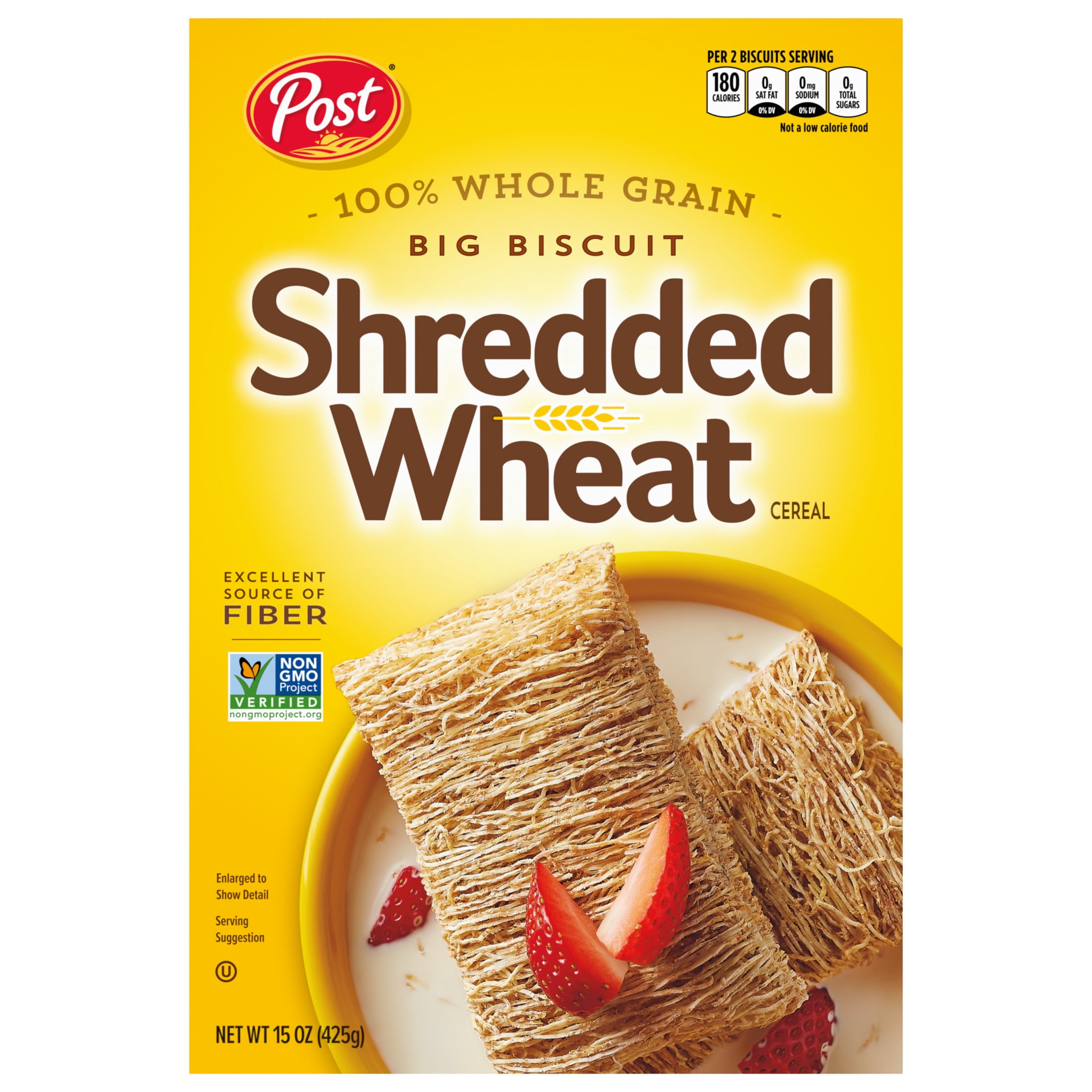 Post Big Biscuit Shredded Wheat Breakfast Cereal, Whole Grain, No Sugar Added, Crunchy 15 oz Box