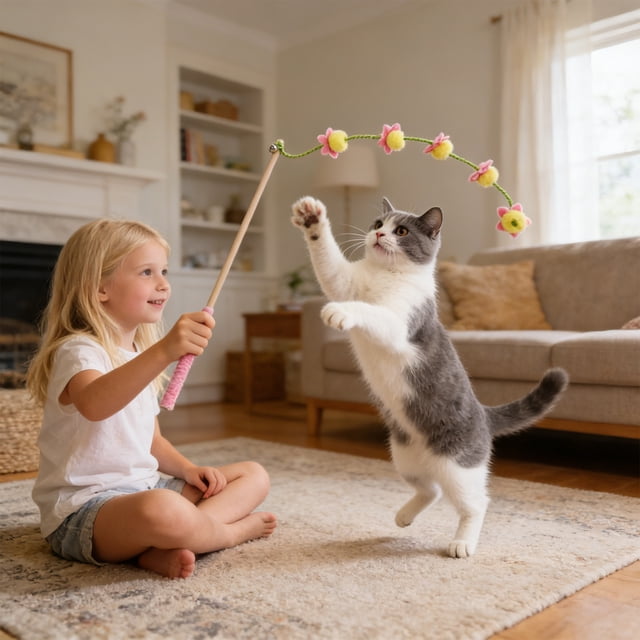 EGNMCR Real Wood Cats Wand Toy Long Handle Teaser With Boll Interactive Cats Exercise Toy For Indoor Cats Lasting Scratch Counteractive Cats Fishing Pole Polyester cat toy