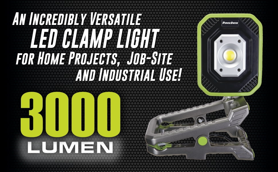 PowerSmith 3000 Lumen Rechargeable LED Clamp Work Light Dual-Power, Powered Through 120V AC or Rechargeable Lithium-Ion Battery, Large Clamp, 5-Year Warranty