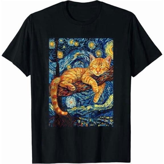 Greenink Art Cat Starry Night Tee Unisex Soft Lightweight Short Sleeve Graphic T-Shirt