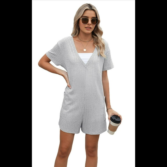 Mono de Verano para Mujer, de Corta, Holgado, Informal, con Cuello en V, Elegante y Cómodo, con Bolsillos, Gris , Talla L