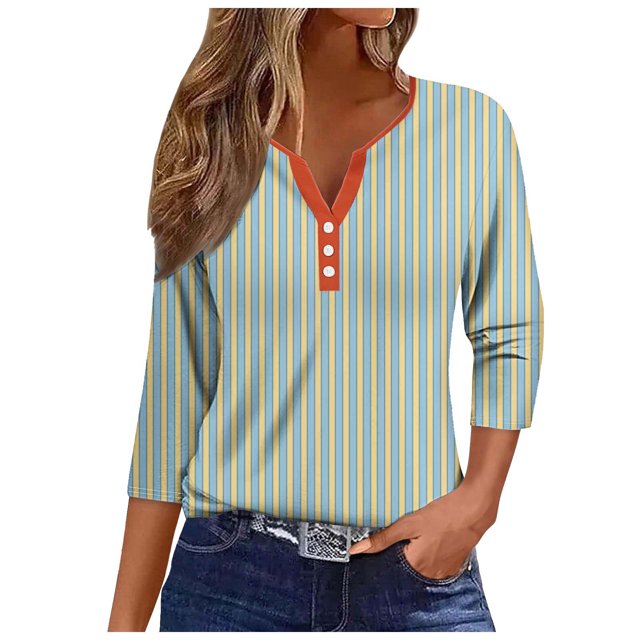 GYUJNB 3/4 Length Sleeve Womens Tops Button Down Summer Henley Neck T Shirts Plus Size Blouses