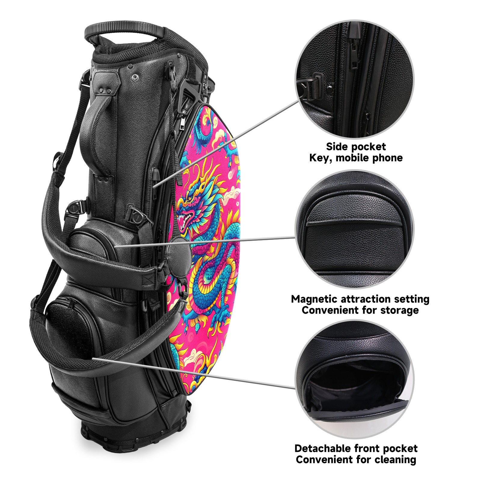 Black 5 Ways Divider Golf Bag Waterproof Leather Golf Stand Bag Large Capacity & Versatile Personalized Customized Printing Golf Club Bag for Men Women 30