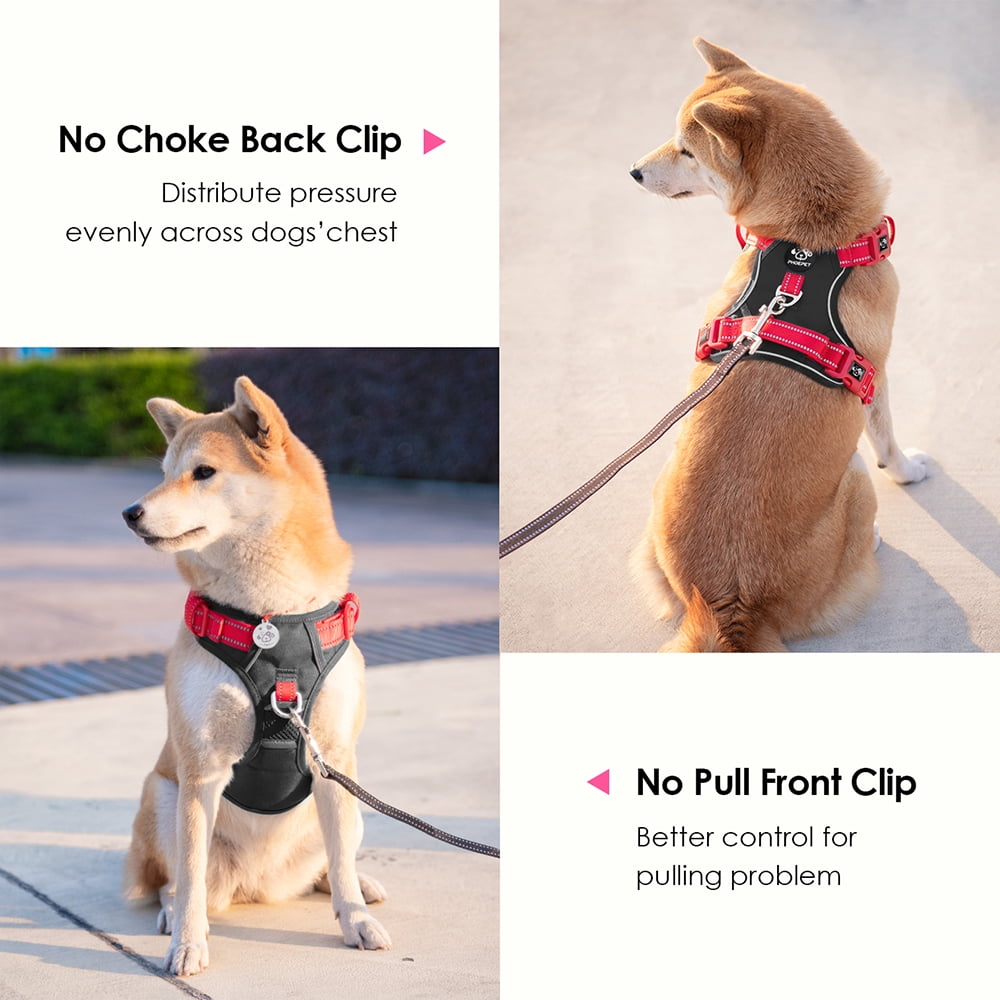 PHOEPET No Pull Dog Harness, Unique Colors Reflective Adjustable Dog Vest, with Soft Training Handle Metal Clips for Small Medium Large Dogs (Black Base & Red Straps)