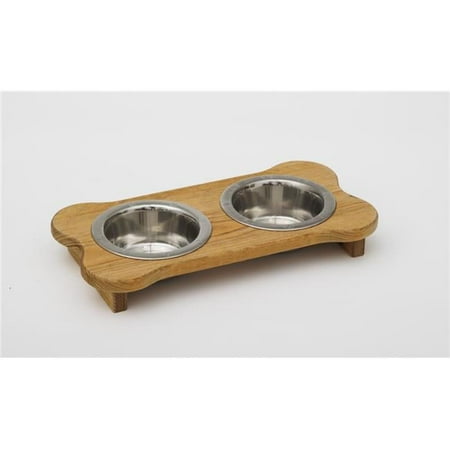 1 Pint 2.25 in. Low High Double Pine Wood Dog Bowl with 2 Stainless Steel Bowls Medium Walnut Finish