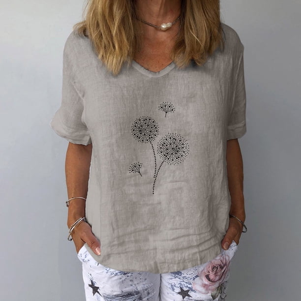 Fiudx Tops para Mujer Moda Mujer Verano Suelta Impresión Camiseta Manga Corta Algodón Lino Tops