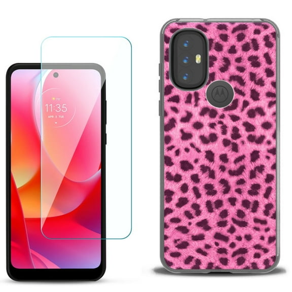 Slim-Fit Gel TPU Phone Case for Motorola Moto G Power 2022, with Tempered Glass Screen Protector, by OneToughShield ® - Cheetah Pink