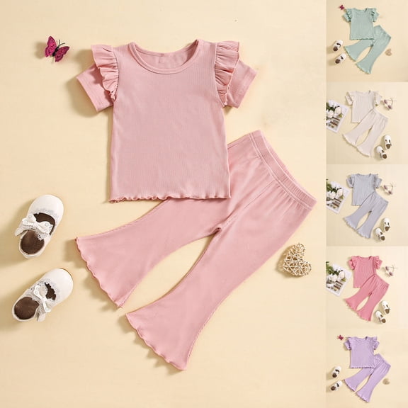 Einccm Toddler Girls 2 Piece Outfit - Kids Summer Ribbed Knit Short Sleeve Flutter Top and Flare Pants Set - Soft Cotton Casual Activewear for 12 Months to 5 Years