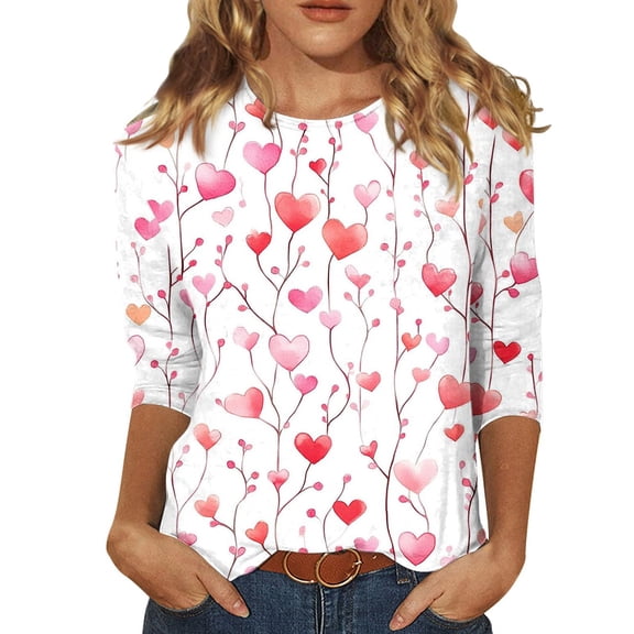 Resicozy Valentines Shirts For Women 3/4 Length Sleeve Valentine Day Top 2026 Love Heart Printed Graphic Pullover Pink S
