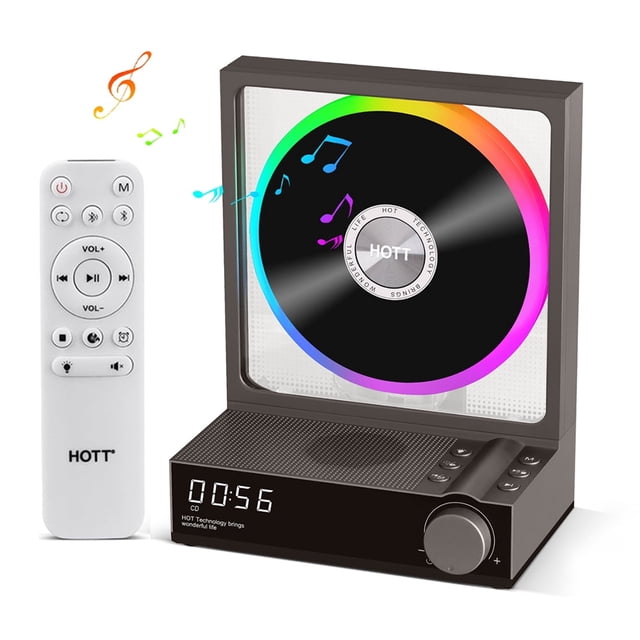 MEGICOT Lecteur CD Bluetooth Rechargeable avec Haut-Parleurs/éclairage RVB/port de Clé USB/télécommande/enregistrement de Musique, Lecteur de Musique Rétro de Bureau Vertical