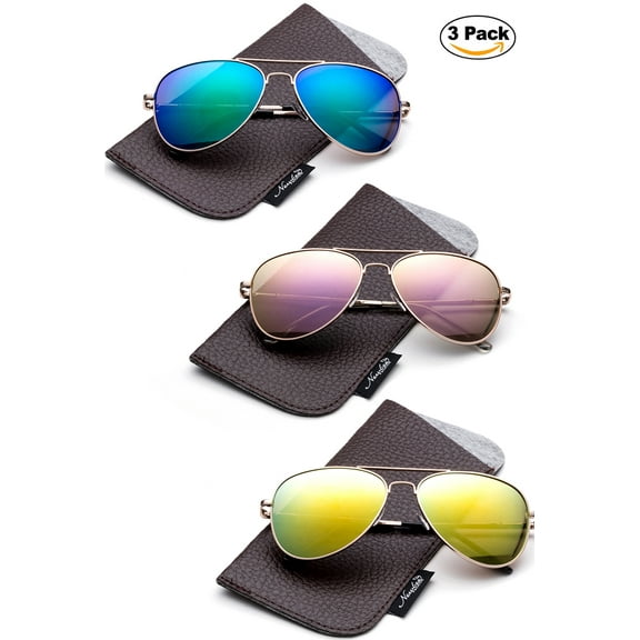 Newbee Fashion 3 Pack -Polarized Kids Teens Juniors Avaitor Polarized Sunglasses High Quality Duralble Staniless Steel Frame Spring Hinge Kids Polarized Sunglasses for Girls & Boys UV Protection