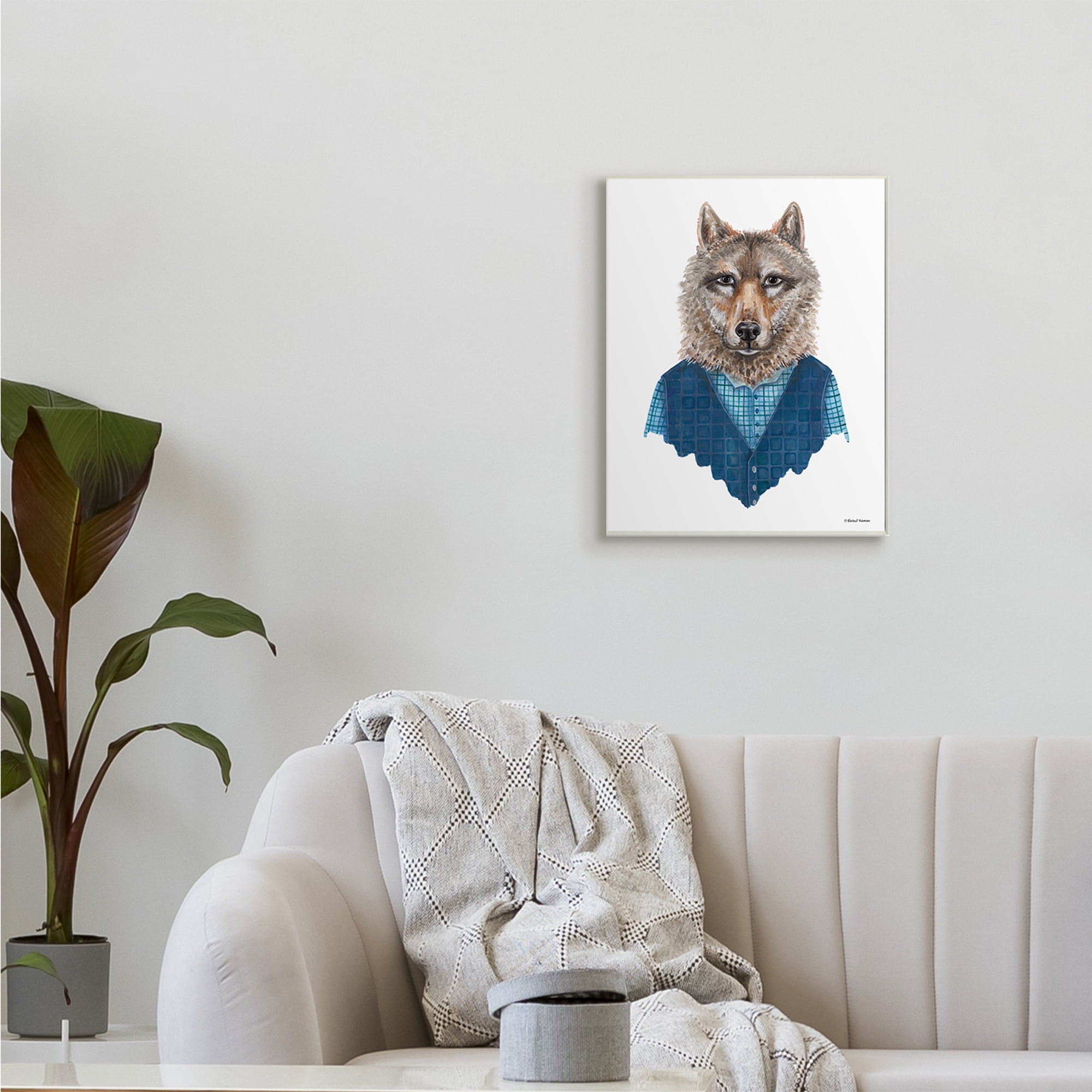 Stupell Industries Wolf In Human Clothing Plaid Patterned Shirt Vest,13 x 19,Designed by Rachel Nieman