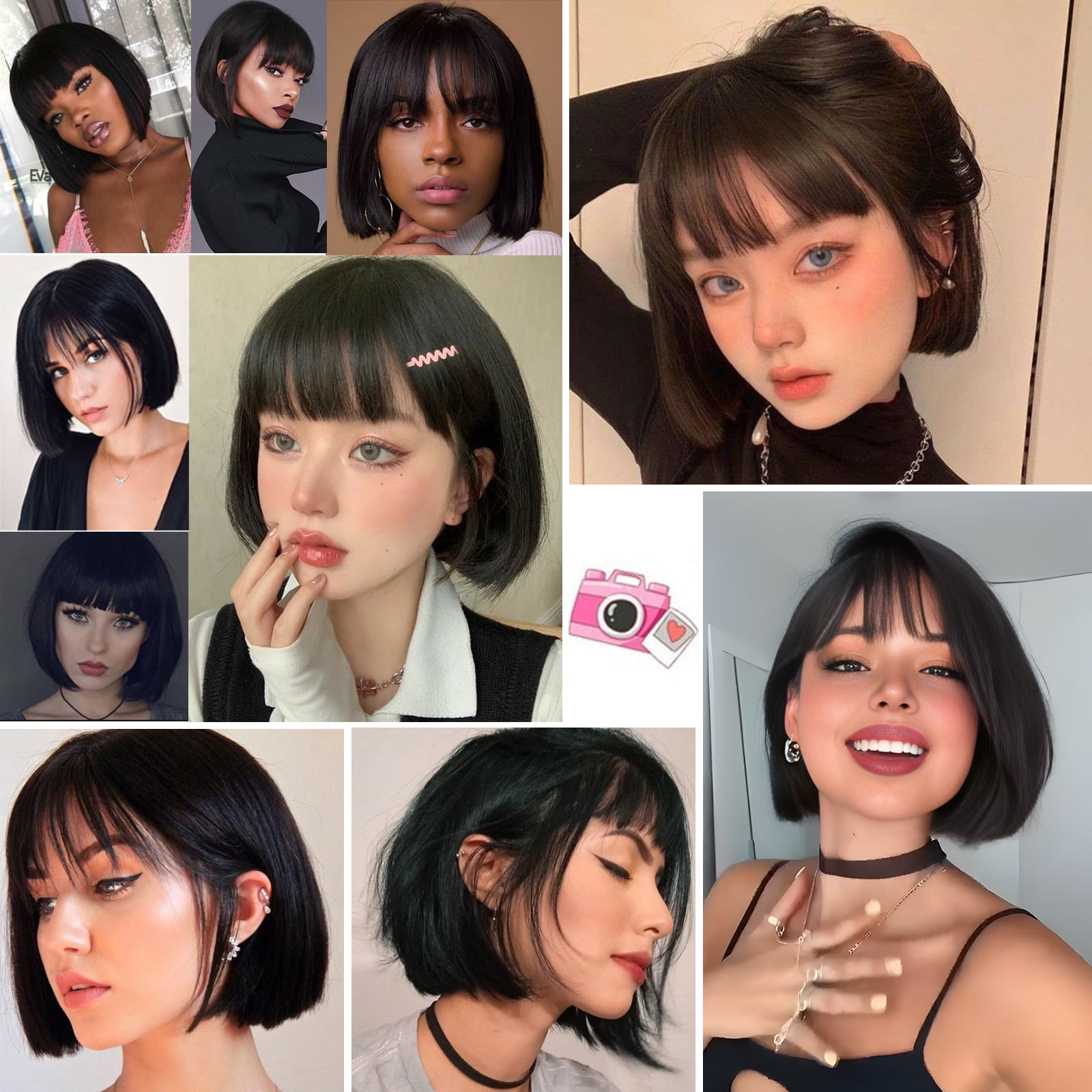 Dopi 9" Black Remy Human Hair Wigs for Women Straight Short Bob Wigs Wefted Wig Caps