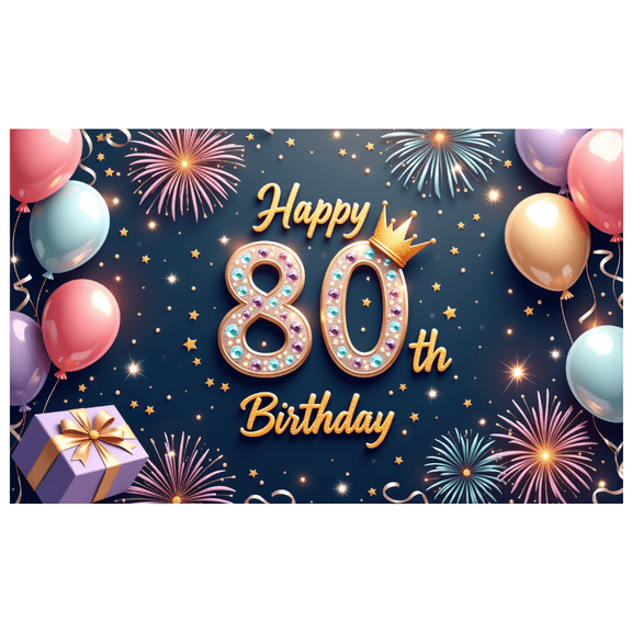 Decorative Design Happy 80th Birthday Banner Colorful Balloons Fireworks for Celebration Party Indoor Decoration Photo Prop